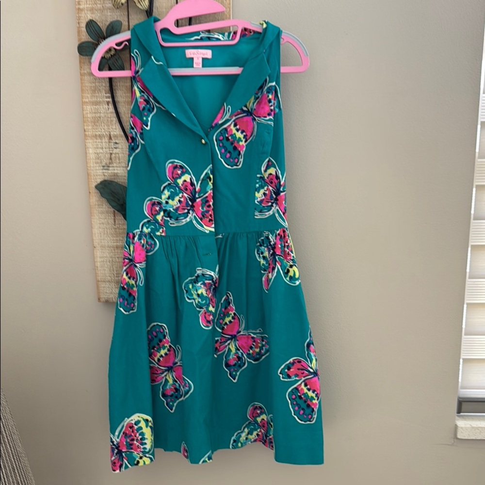 Lilly Pulitzer Teal Butterfly Print Dress size 2 pre owned Used